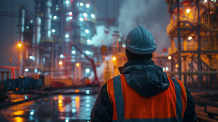 A construction worker in a helmet and rain jacket, standing in the rain at night, closely monitoring the illuminated industrial site.