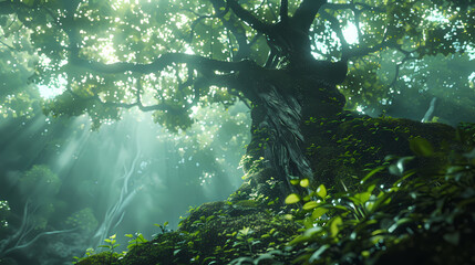 Tropical rainforest with trees and moss