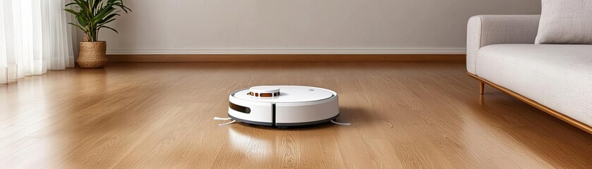 Robotic vacuum cleaning a modern, spacious living room, smart home maintenance, minimalistic interior, sleek design, and clean lines