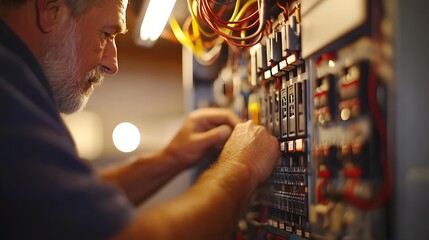 Close-Up of Electrician Working on a Circuit Breaker Panel: A detailed shot of an electrician’s hands adjusting wires and switches inside a residential circuit breaker panel, ensuring safe electrical 
