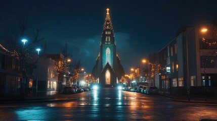 Fototapeta premium Reykjavikfamous church illuminated at night, towering over the city streets.