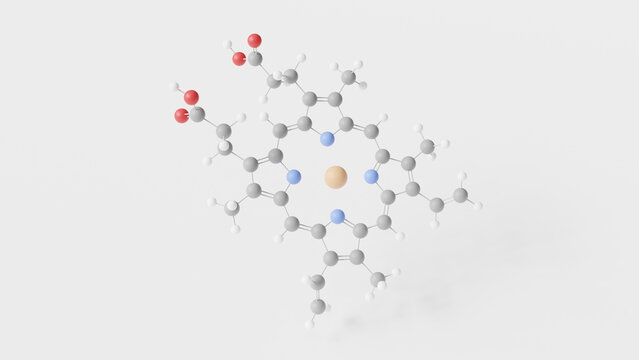 heme b molecule 3d, molecular structure, ball and stick model, structural chemical formula haem b