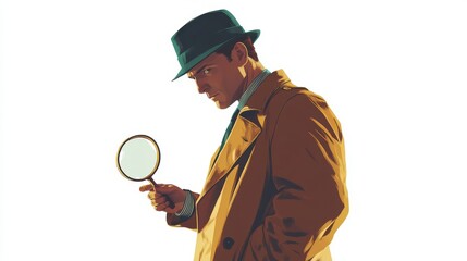 Cartoonized Male Detective Wearing Trench Coat and Fedora Hat Illustration