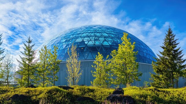 Reykjavik's Perlan building with its glass dome reflecting the blue sky and surrounding trees.