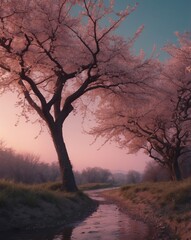 Magenta Twilight with Cherry Blossoms in Serene Nature Scene.