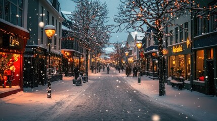 Fototapeta premium Reykjavik streets covered in fresh snow with Christmas lights illuminating the cozy atmosphere.