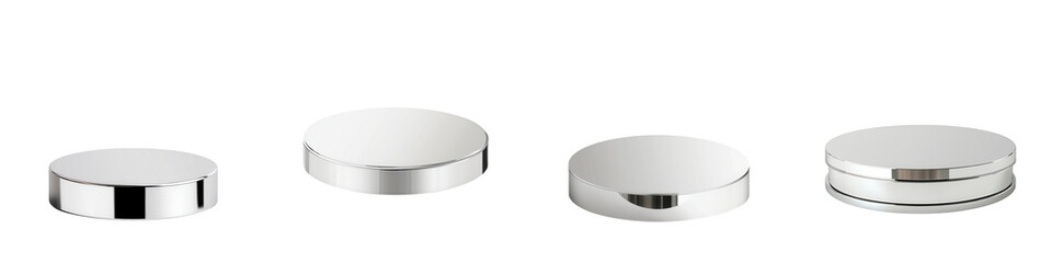 A collection of sleek silver coins displayed in a row, showcasing their reflective surfaces and elegant design. isolated on a transparent background