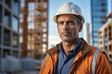Construction worker portrait focused worker in a construction site