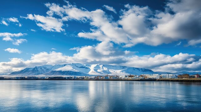 Reykjavik's waterfront with views of Mount Esja in the distance, under a partly cloudy sky.