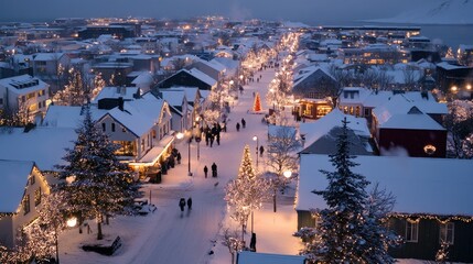 Obraz premium Reykjavik winter landscape with snow-covered rooftops, Christmas decorations, and festive lights.