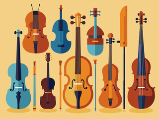 Naklejka premium Set of different violins, string instruments.Vector images of musical instruments