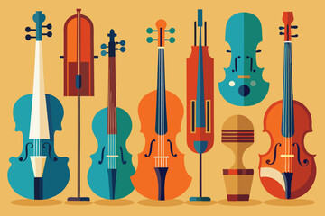 Set of different violins, string instruments.Vector images of musical instruments