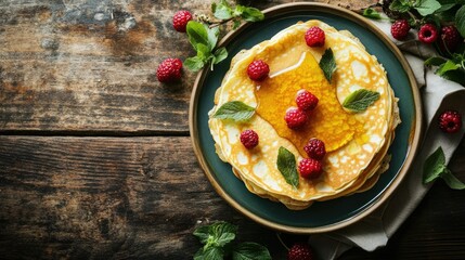 Russian pancakes with honey and berries on a rustic wooden table.