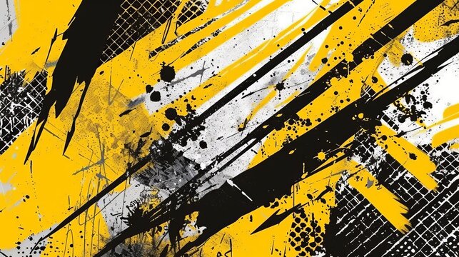 Urban street art graffiti poster with grunge texture and halftone effects in yellow and black, featuring distressed overlays, brush-drawn elements, ink drips, and paint splashes in a vintage style