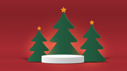 White podium with tree, star and light on red background, Christmas celebration product display background, vector iilustration.