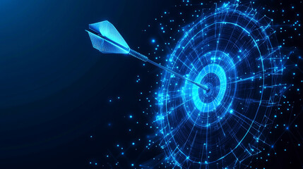 Business achievement with a target goal on a blue background. Features a dart hitting the bullseye on a dartboard, depicted in low-poly wireframe. Vector illustration with a fantastic design.