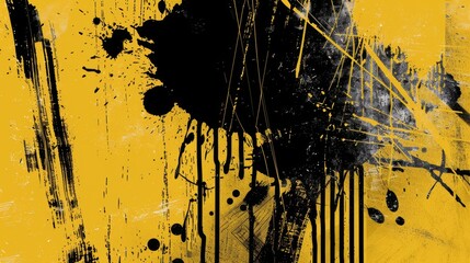 Urban street art graffiti poster with grunge and halftone texture in bold yellow and black tones, featuring distressed brush-drawn elements, ink drips, and paint splashes in a vintage-style design