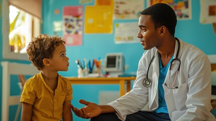 Obraz premium A childs curious gaze as a doctor explains medical equipment during a checkup in a vibrant clinic
