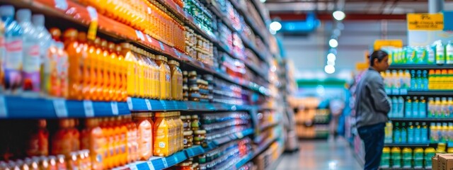 Supermarket aisle filled with colorful beverage bottles