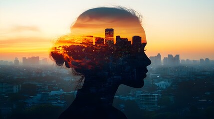 Comparing debt-to-income ratio options for a better home loann dea, copy space, refinancing opportunities, ethereal, Double exposure, cityscape at sunset as backdrop