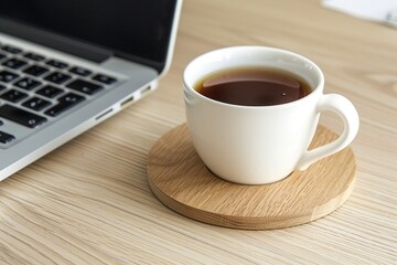 Cozy workspace setup with a cup of coffee and laptop, perfect for productivity.