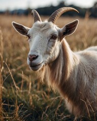 Obraz premium Closeup of a goat grazing grass in the field.