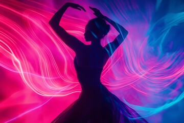 A woman in a black dress is dancing in the air. The background is a mix of pink and blue colors