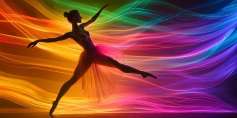 Naklejka premium A woman in a tutu is dancing in the air. The image is a colorful, abstract representation of a dancer