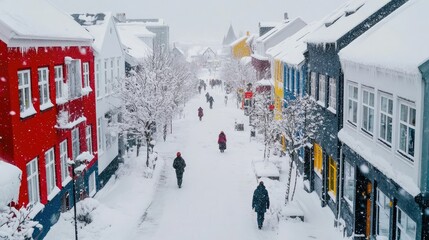 Snow-covered streets of Reykjavik with cozy, colorful homes and people walking bundled up.