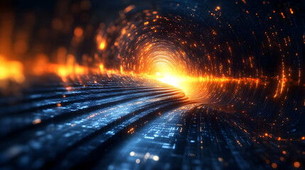 A vibrant digital tunnel emitting light and energy waves.