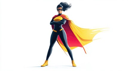 Cartoonized Female Superhero Character Wearing Cape and Mask - Stock Image