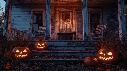 Obraz premium A spooky scene of an abandoned farmhouse with boarded-up windows a creaky porch swing and jack o lanterns glowing on the steps