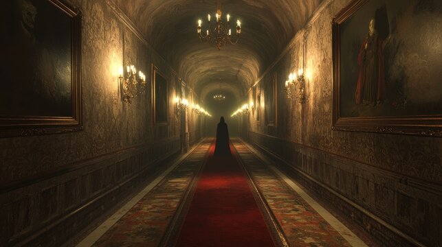 An eerie hallway with a long red carpet leading to a shadowy figure at the end ancient paintings on the walls and chandeliers dimly lit