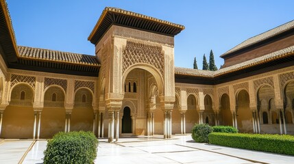 Obraz premium The Alhambra Palacee terior, with its imposing walls and detailed architectural elements.