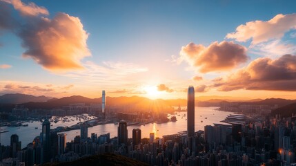 Naklejka premium Hong Kong Cityscape Sunset Skyline with Golden Clouds