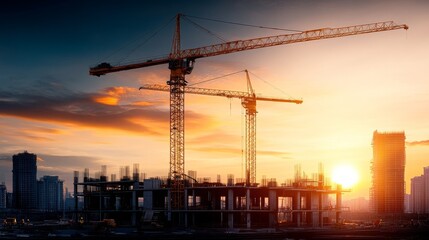 Construction Site Cranes at Sunset