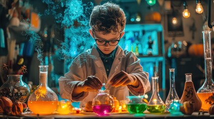 A young boy dressed as a mad scientist mixes colorful potions in a makeshift lab filled with bubbling beakers and spooky Halloween props