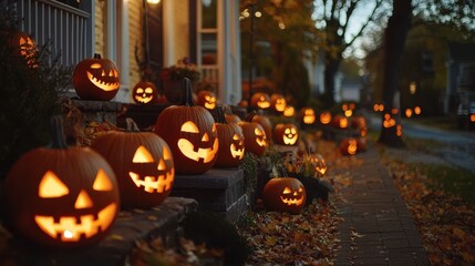 A multicultural family hosts a Halloween block party with carved pumpkins on every doorstep and the scent of grilled food wafting through the air