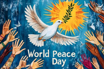 Obraz premium world peace day poster pigeon olive leaf hand people