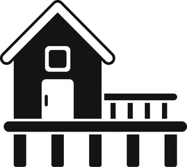 Simple vector icon of a small wooden hut standing on stilts over water, in black and white