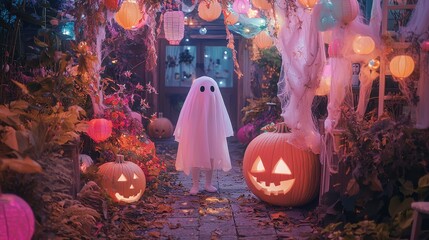 A child dressed as a friendly ghost enjoys a Halloween party with pastel decorations and soft lighting creating a cute and inviting atmosphere