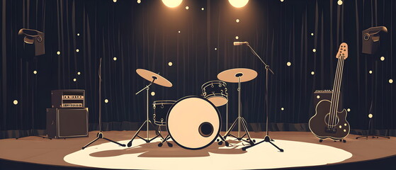 Fototapeta premium a flat vector illustration of an empty stage with a drum set and guitar, a music studio background, black curtains, suitable for a widescreen wallpaper, A golden spotlight shines down from above.