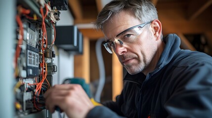 Electrician Repairing a Home's Electrical Fuse Box: The electrician is seen carefully fixing or upgrading an older fuse box in a house, working with a variety of tools and safety equipment.