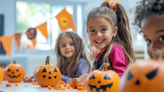Children from different backgrounds enjoy a Halloween craft session in a bright, modern classroom, painting pumpkins and making spooky decorations, with excitement in the air