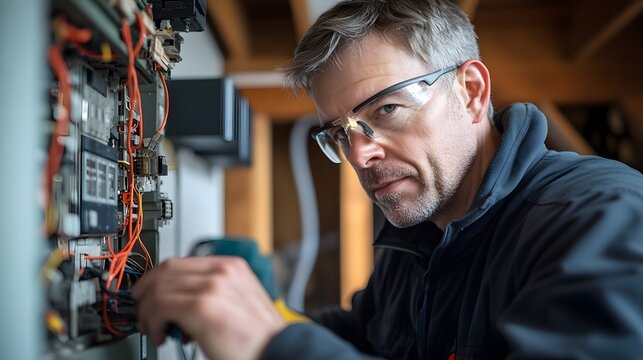 Electrician Repairing a Home's Electrical Fuse Box: The electrician is seen carefully fixing or upgrading an older fuse box in a house, working with a variety of tools and safety equipment.