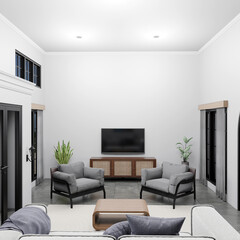 minimalist classic style living room interior With Television Set, Sofa, ArmchairAnd Coffee Table with white color. 3D rendering