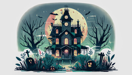 a spooky haunted Halloween house features eerie decorations, dark shadows, and creepy details, evoking a chilling atmosphere perfect for a frightful holiday