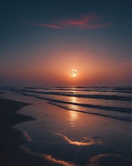 Fototapeta premium Serene Full Moon Reflected on a Tranquil Beach at Twilight.