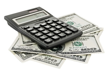 calculator and Euro banknotes, isolated on white  or transparent background, PNG