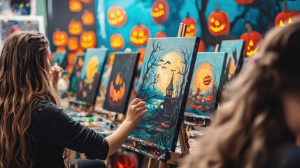 Fototapeta premium A modern Halloween-themed art class where participants of all ages paint eerie landscapes and spooky characters on canvases as jack o lanterns and ghostly figures decorate the room creating an